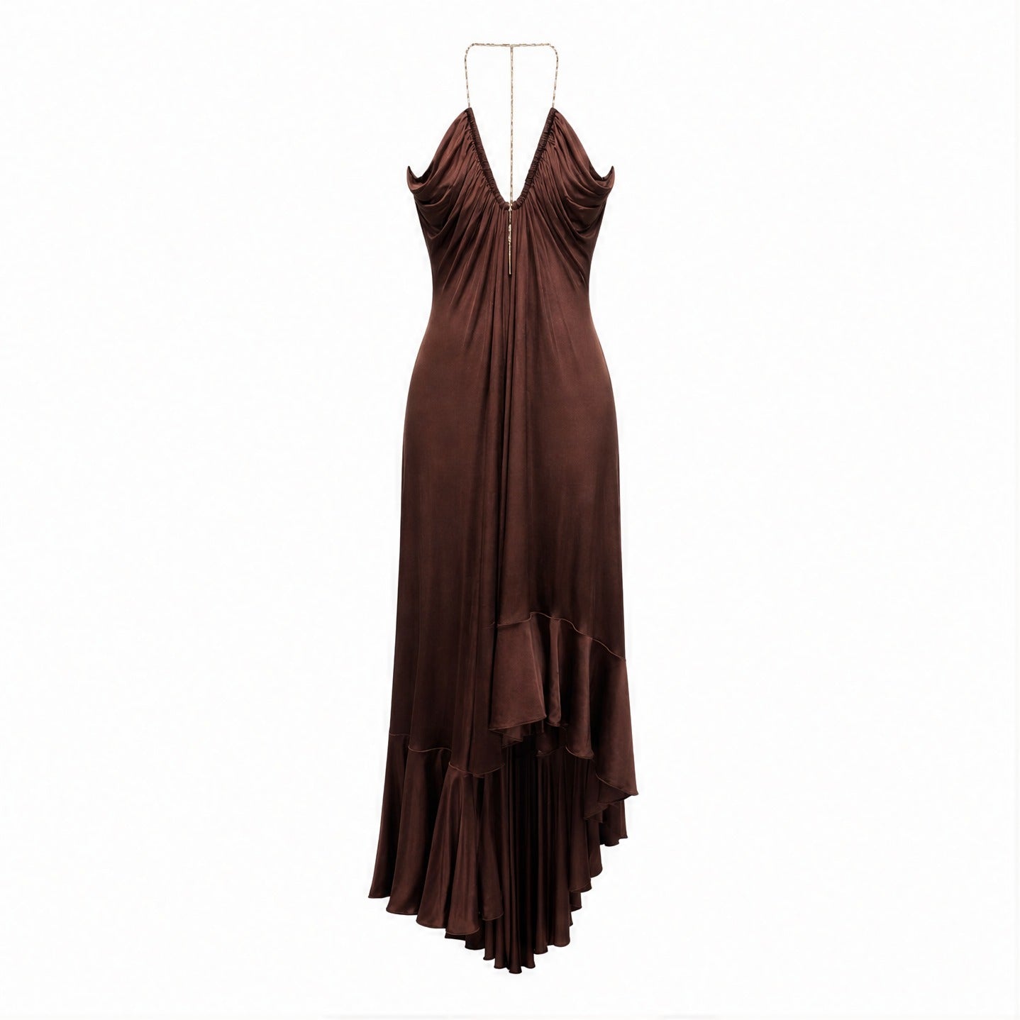 Brown Amen midi dress with gold chain detail, front flat lay by Amen