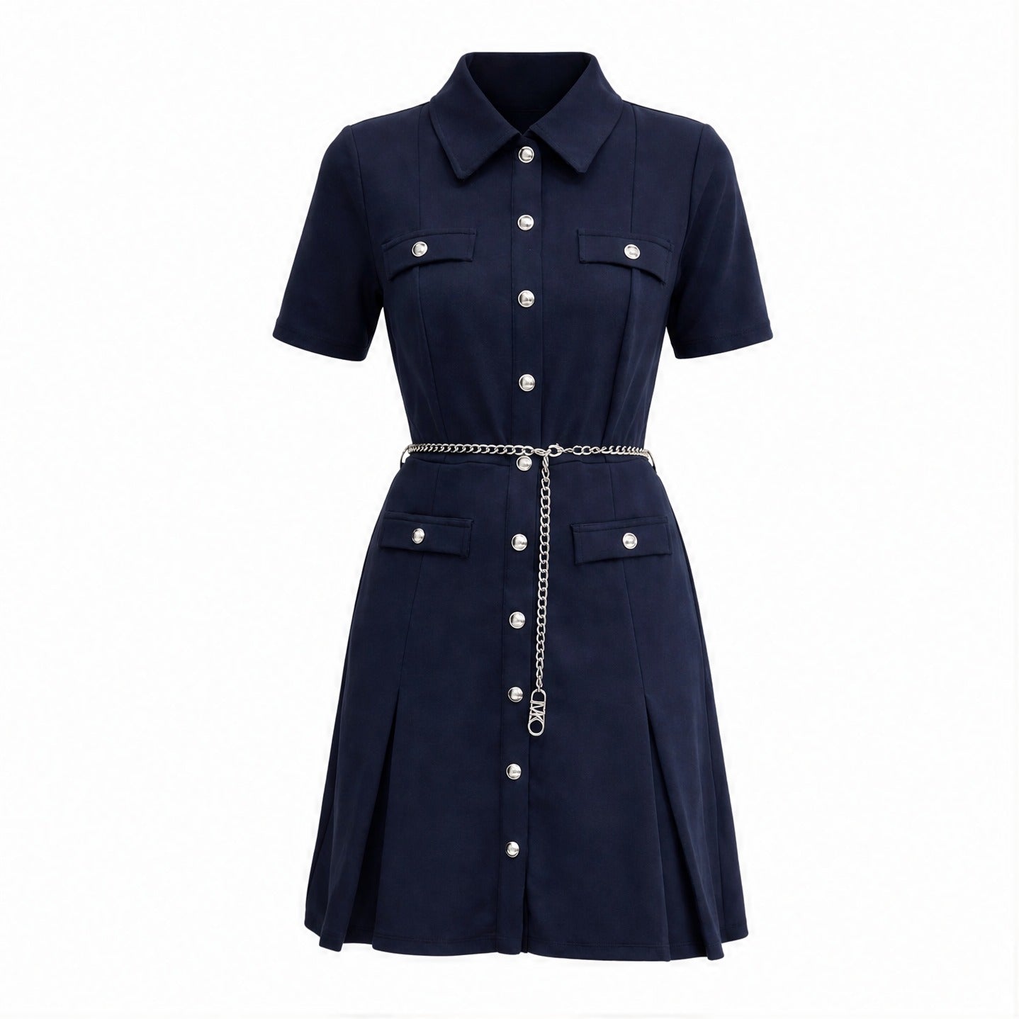 Navy scuba mini dress with chain belt by Michael Kors, flat lay view