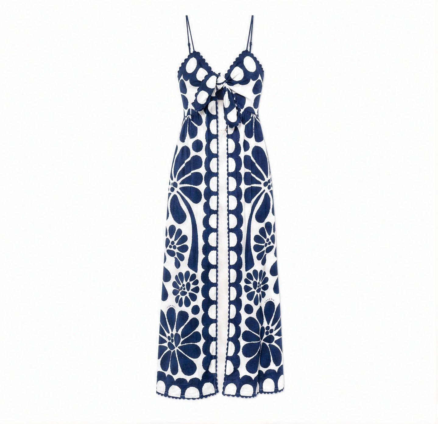 Navy and white floral maxi dress by FARM Rio, flat lay view