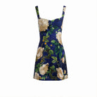 Blue floral mini dress with cream roses, flat lay by Alice + Olivia