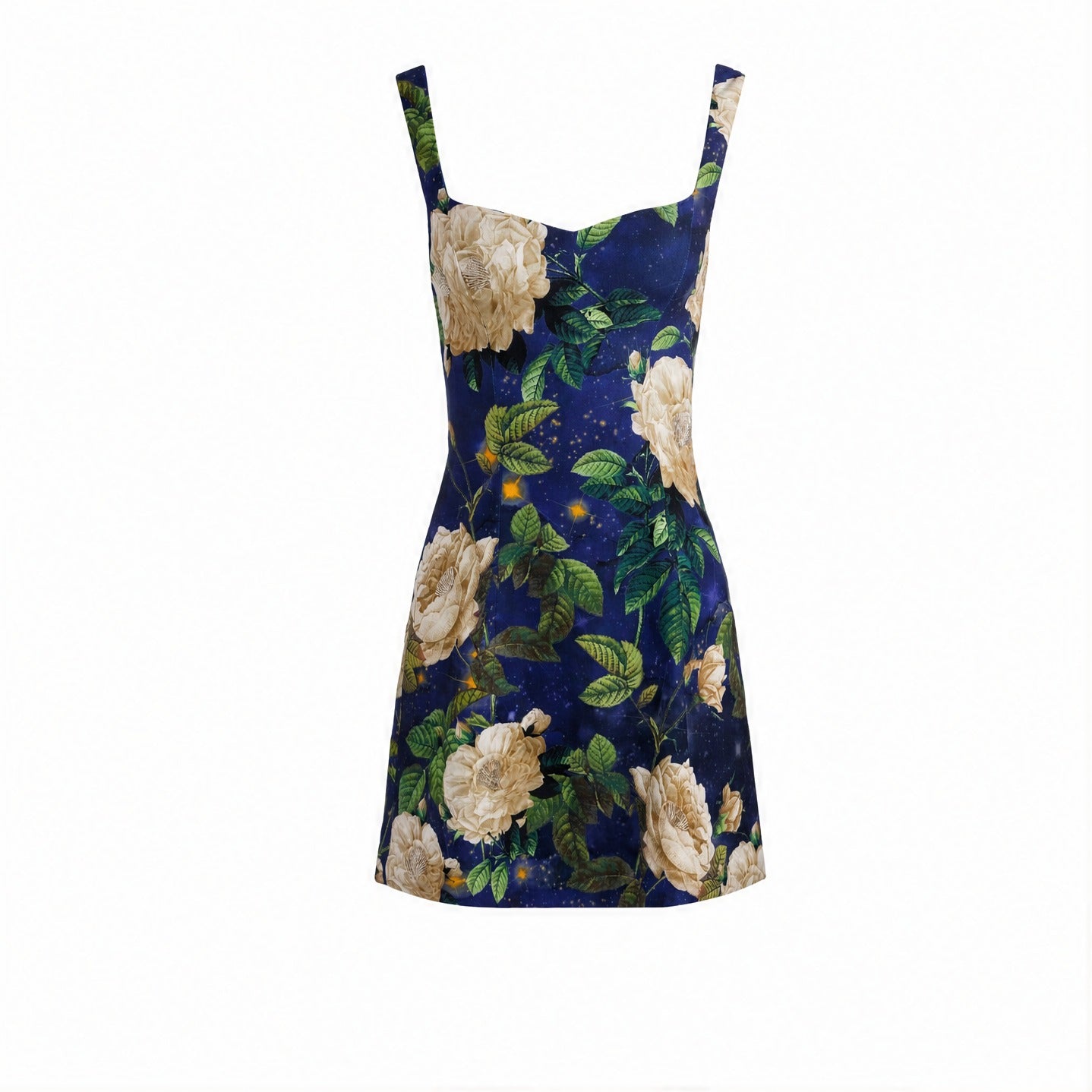 Blue floral mini dress with cream roses, flat lay by Alice + Olivia