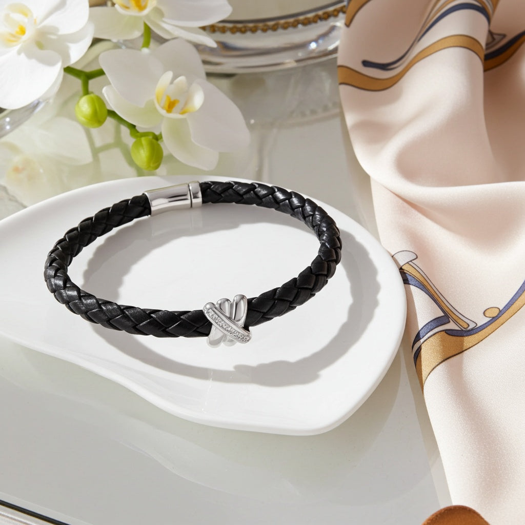 Diamond Accent Crossover Motif Braided Black Leather Men's Bracelet 14k White Gold Jewelry Lord & Taylor