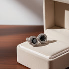 Black and white diamond halo stud earrings in 14k white gold by Lord & Taylor, front view