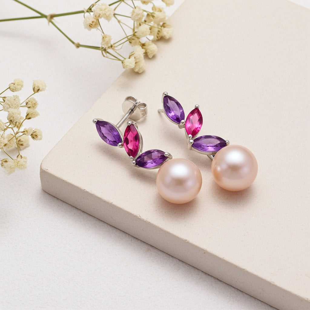 Pink pearl drop earrings with amethyst and topaz by Lord & Taylor, front view
