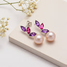 Pink pearl drop earrings with amethyst and topaz by Lord & Taylor, front view