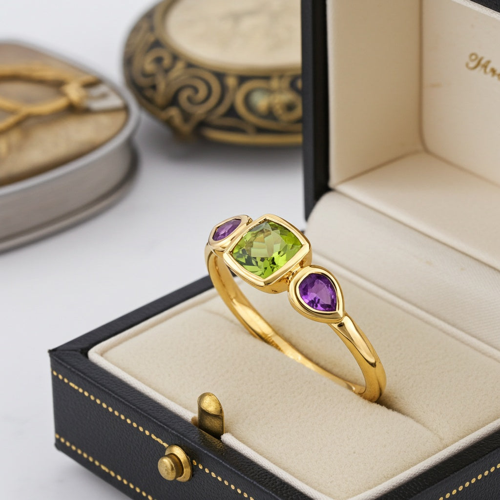 Peridot & Amethyst 3-Stone Ring in 10k Yellow Gold Jewelry Lord & Taylor