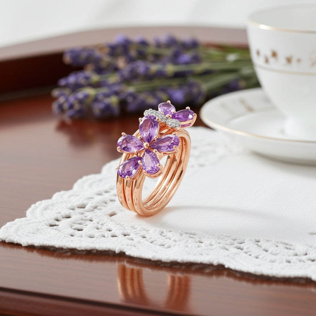 Amethyst & 1/8ct TW Diamond Floral 3-Piece Ring Set in Rose Plated Sterling Silver Jewelry Lord & Taylor