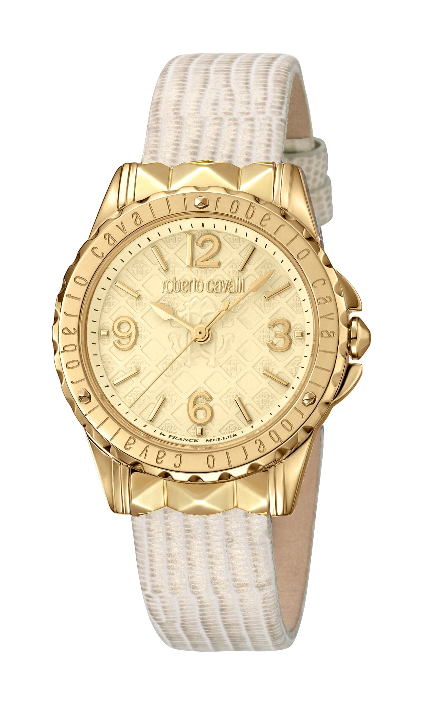Women's Roberto Cavalli by Franck Muller Gold Quartz Calfskin Leather Strap Watch Roberto Cavalli by Franck Muller