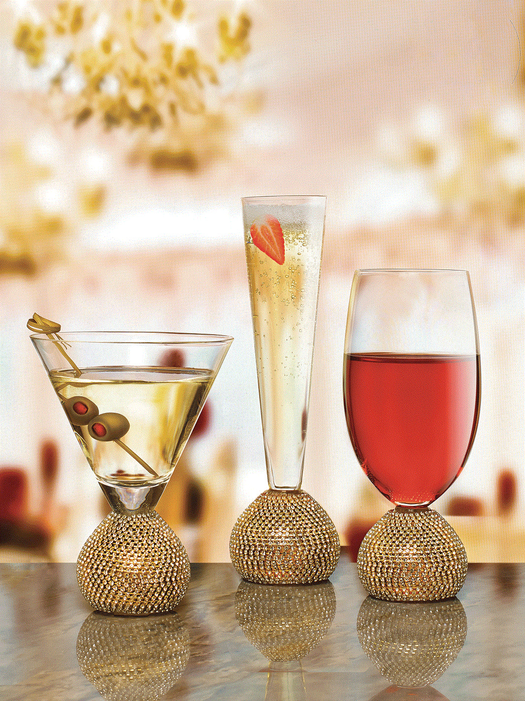 Red Gold Bling Martini Glasses, Set of 2