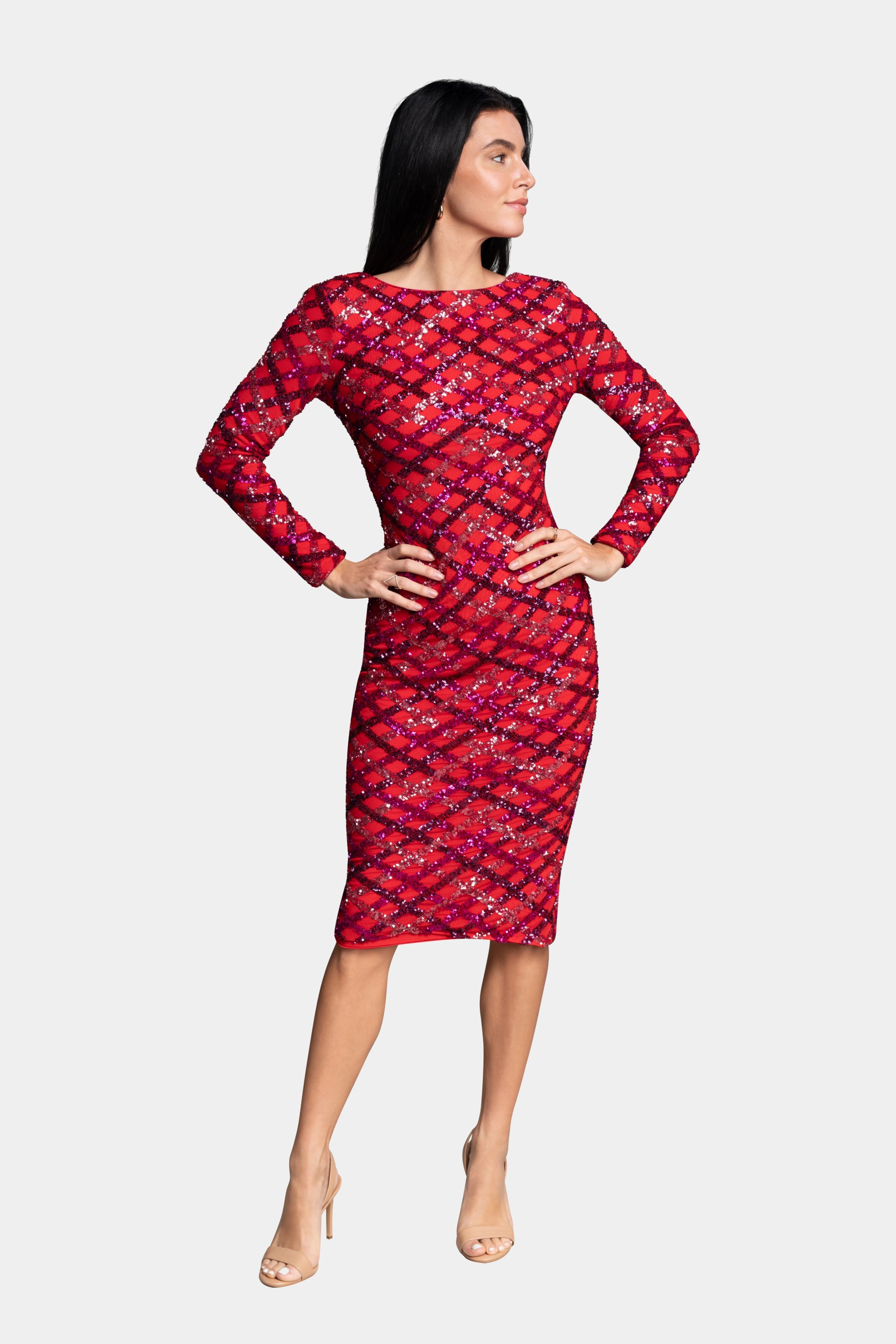 Emery Long Sleeve Bodycon in Red Mesh